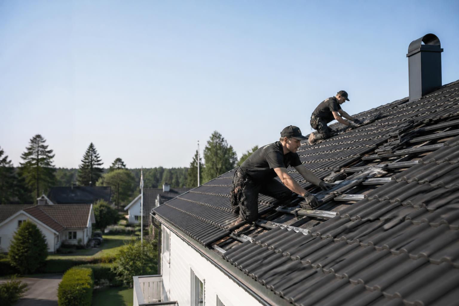 Takläggare arbetar på ett villatak i Nykvarn