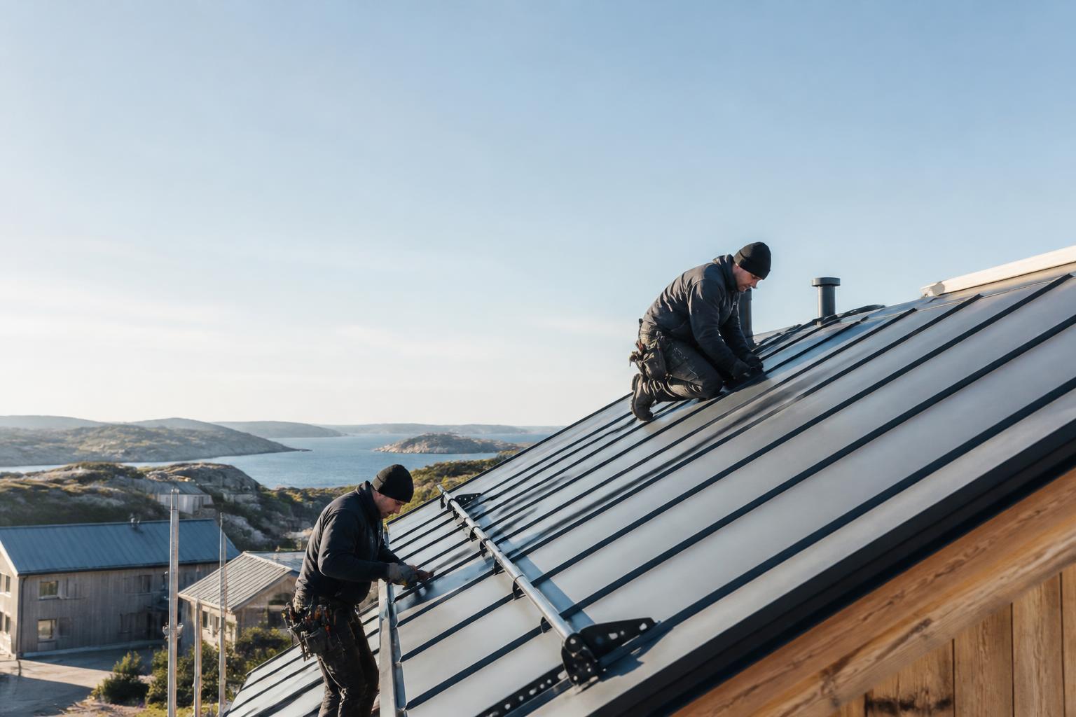 Takläggare arbetar på ett tak nära Bohus fästning i Kungälv